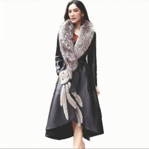 COPY - Black faux leather fur collar, ornate floral design, long jacket, coat M…